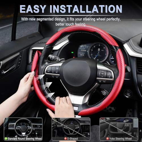 Image of Amiss 3pcs Carbon Fiber Anti-Skid Steering Wheel Cover, Waterproof & Segmented Butterfly Design, Universal 99% Vehicle Wheel Cover Protector, Car Interior Accessories (Red-3pcs)