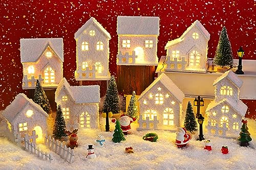 Fovths 35 Pieces Christmas Village Sets Lighted LED Village Houses Accessories with Artificial Fake Snow and Mini Figurine Desktop Ornament Winter Village Buildings for Christmas Home Table Decor