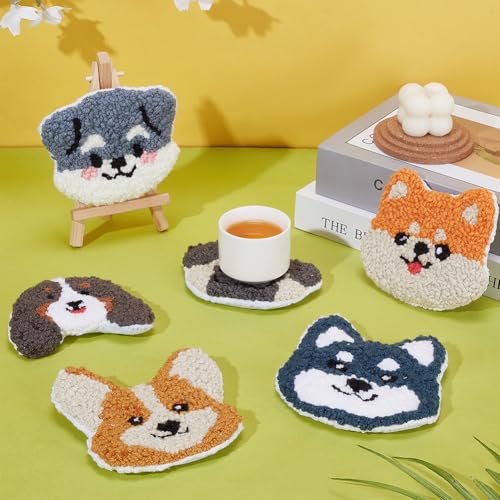 Image of ORIGACH 6 Set Puppy Punch Needle Coasters Kit with Pattern, Adhesive Felts, Yarn, Tools and Instruction Dog Punch Needle Embroidery Kit for Beginners Adults DIY Mug Tufted Rug Making Set