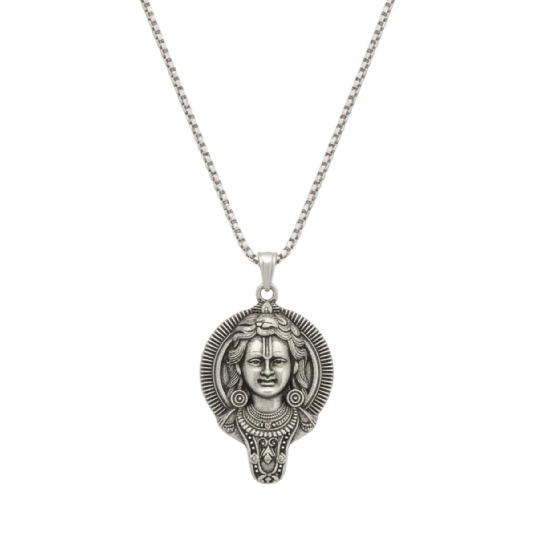 Oxidized Silver-Plated Lord Krishna Pendant Necklace with Box Chain for Men & Women | Antique Vintage German Silver Style Spiritual Deity Locket Jewellery for Daily Wear & Gifting-image-34