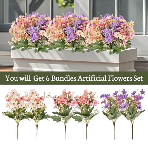 KUANINUNAR Künstliche Gänseblümchenblumen 6 Bündel UV-beständige gefälschte Blumen Outdoor-Grün Sträucher Pflanzen Seidenblumensträuße Faux Wildblumen Bauernhaus Gartenpflanzer im Freien