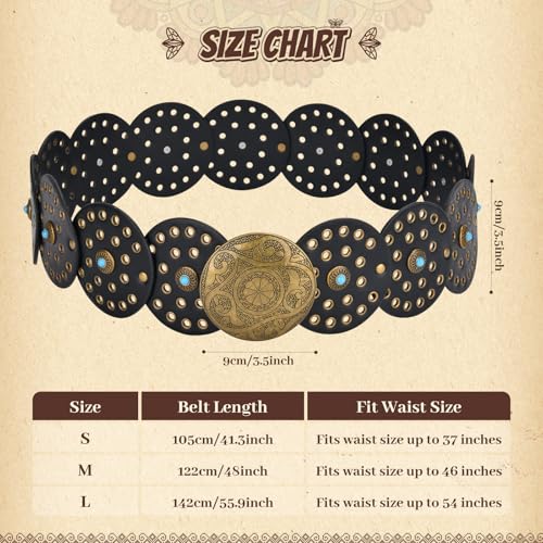 Western Leather Belts for Woman Boho Cowgirl Wide Disc Belt for Women Concho Cowboy Waist Belts for Dress (Black-bronze Buckle, 41'' (fits waist size up to 37''))3