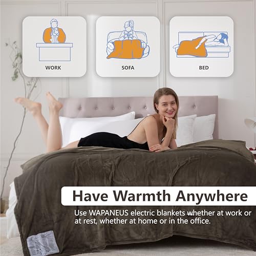 Image of Wapaneus Foot Pocket Heated Blanket Electric Throw with 10 Heating Levels and Auto Shut Off,Flannel Fast-Heating Heated Throw 50 inch x 60 inch,ETL Listed Machine Washable,Dark Brown