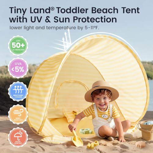 Image of Tiny Land Baby Beach Tent - Pop Up Baby Tent with UV Protection, Portable Baby Beach Essentials, 35.4 inchx27.6 inchx31.5 inch Sun Shelter for Infants, Baby Summer Outdoor Use (Pastel Yellow Stripes)
