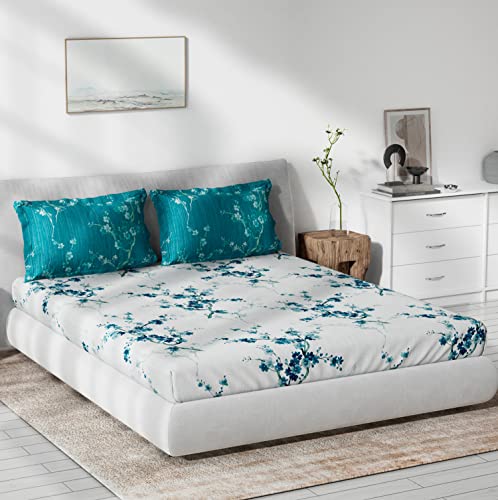 Image of Ddecor Cotton Double Bed Sheet Set with 2 Pillow Covers (229 CM X 274 CM, Turquoise) Digital Print Floral, 144TC GSM