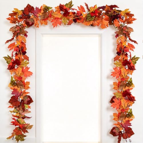 DearHouse 2 Pack Fall Garland Maple Leaf, 5.9Ft/Piece Hanging Vine Garland Artificial Autumn Foliage Garland Thanksgiving Decor for Home Wedding Fireplace Party Christmas (Orange)