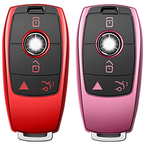Lcyam (Pack of 2) Red and Pink Key Fob Covers Glossy TPU Remote Key Cover Case Compatible with Mercedes Benz A-Class C-Class S-Class E-Class G-Class 2019 2020 2021 Smart Keyless Entry