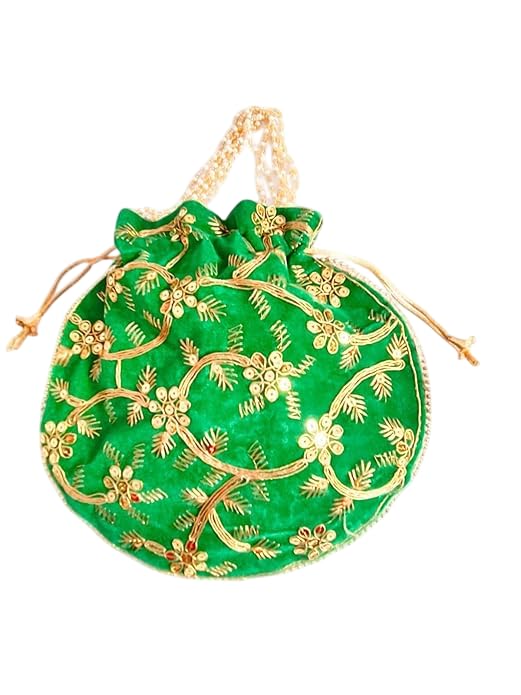 Manvi Enterprices Potli Bag Velvet Work Wedding Potli For Ladies Gift For Women Handbags Traditional Indian Wristlet with Drawstring Ethnic Embroidery Women Fashion Potli Green Color-image-17