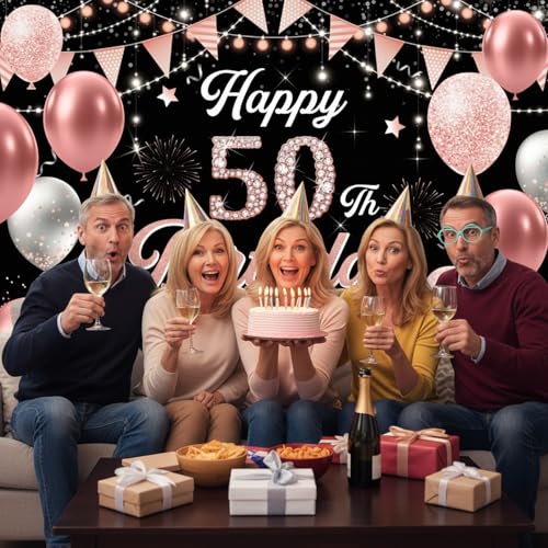 Image of 50th Birthday Decorations for Women - Happy 50th Birthday Banner Decorations Cheers to 50 Years Birthday Party Indoor and Outdoor Decoration Suppiles Pink Backdrop for 50th Birthday Party Favors Decor