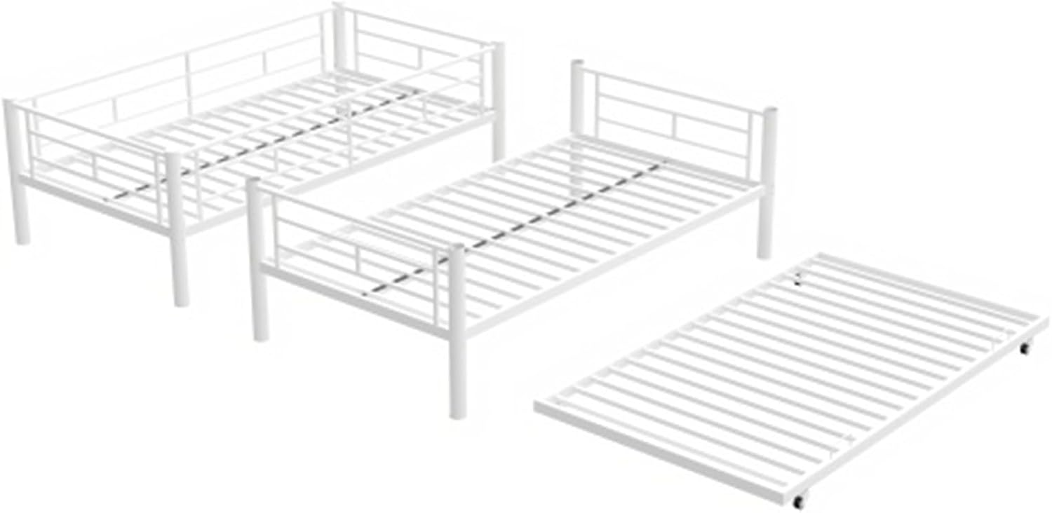 Heavy-Duty Sturdy Metal Twin Over Twin with Trundle Bunk Bed/l/Noise Reduced/Safety Guardrail/No Box Spring Needed,White