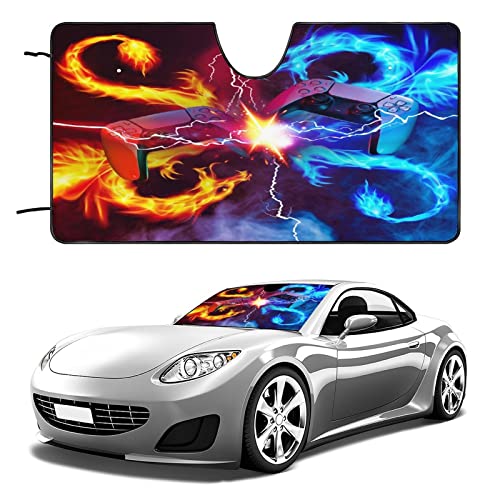 Cool Gamepad Car Windshield Sun Shade Fantasy Outer Space Wildlife Fire Ice Dragon Game Room Design for Most Vehicles 51L x 28W Inch