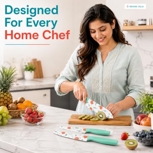 Image of BRAND VILLA Kitchen Knife Set of 3, Ultra Sharp Stainless Steel Chef Knife, Utility Knife & Paring Knife, Non-Stick Coated Blades, Ergonomic Anti-Slip Handle for Fruits, Vegetables & Meat (Green)