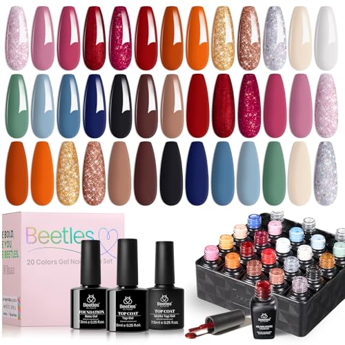 Beetles Gel Nail Polish Kit - 23Pcs Burgundy Red Brown Orange Purple Colors Gel Polish Set Brown Gray Blue Green Soak Off Uv Gel Base Top Coat Gifts for Girls Glowing Attraction
