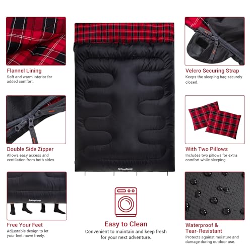 Image of KingCamp Double Sleeping Bag for Adults, Queen Size 2 Person XXL Flannel Sleeping Bag, Waterproof Lightweight Flannel Quilt with 2 Pillows, Perfect for Couples Family Camping Hiking