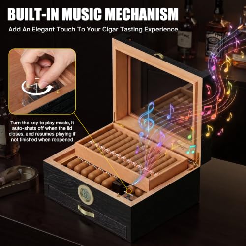 Image of Tesonway Cigar Humidor, Glass Top Cedar Cigar Box with Music System