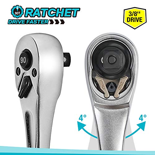 Image of DURATECH 3 /8 Inch Drive Ratchet Handle, Ratchet Socket Wrench, 90 Tooth, 8-3 /8 Inch Length, Heavy Duty, Professional Ratchets, Quick-release Reversible, Premium Chrome Alloy Made, Polish Chrome Finish