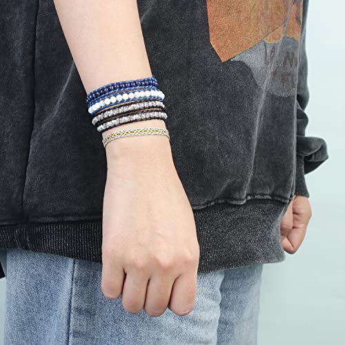 Image of KELITCH Double Wrap Bracelet Women Hand-Braided Turquoise Beads Bracelets Boho Leather Bracelets Bangle