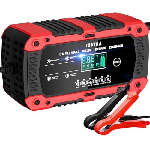 LACITENY Cargador Baterias Coche 12V 10A Cargador de Batería de Coche Inteligente con Pantalla Táctil LCD y Múltiples Protecciones Cargador de Batería para Automóviles Moto AGM, Gel, SLA