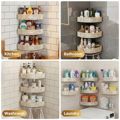TIMBERHIDE 3-Tier No-Drill Storage Caddy with Hooks&Towel Bar,Organizing Solution for Bathroom,Shower&Kitchen,Holds Shampoos,Soaps,Sponges&Cleaners,Triangle,Cream — view 6
