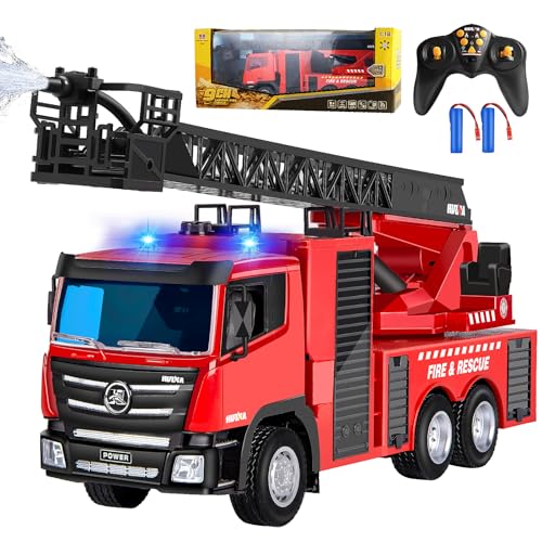Joellfuner Camion Bomberos Juguete, Camión de Bomberos Grande Teledirigido Juguetes con Escalera de Rescate Extensible, Luces, Regalo de cumpleaños para Niños y Niñas (Red)
