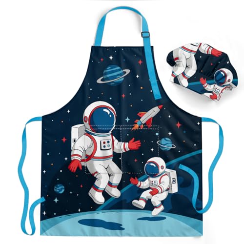 SANDJEST Astronaut Kid Apron for Boys with Pocket & Chef Hat Polyester Baking Painting Gardening Apron Gift for Christmas Birthday