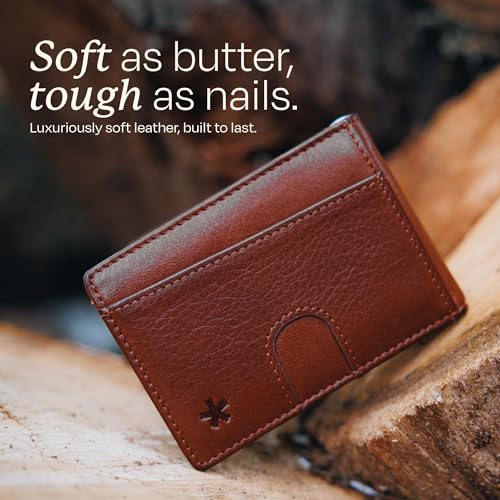Image of Swear Brands Full Grain Leather Wallet with RFID Blocking & Money Clip - Minimalist Bifold Wallet Holds 12 Cards - Easy Access Pull Tab - Ethically Sourced (Brown)