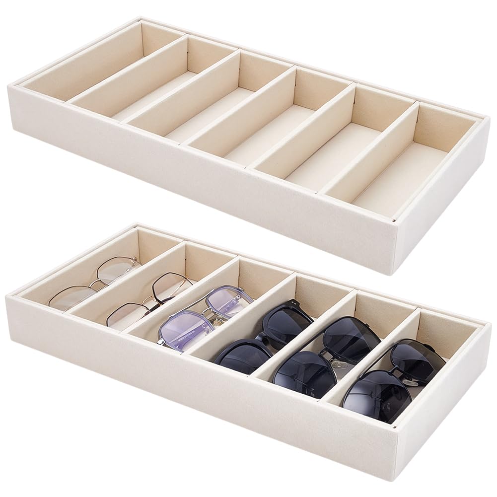 UNICRAFTALE 2Pcs Rangeur Velours pour Lunettes de Soleil Plateau Organisateur 6 Cases Beige Plateau de Présentation pour Lunettes et Bijoux Empilable Tiroir de Rangement pour Montres 38x19x4.6cm