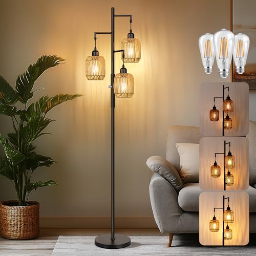ROTTOGOON Dimmable Boho Floor Lamp - 3 Light Farmhouse Rattan Floor Lamp for Living Room, Industrial Tree Floor Lamps with 3 X 6W LED Bulbs, Rustic Standing Tall Lamp for Bedroom, Office, 68', Black