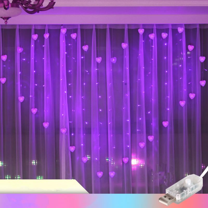 SHANJIA Heart-Shaped Curtain Light, 124 LED 124 LED 2M x 1.5M Fairy Curtain Light Heart-Shaped Chandelier USB Port for Party Bedroom Wedding Decorate (3cm, Purple)