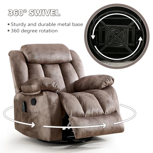 ANJ Manual Swivel Rocker Recliner Chair with Massage and Heat, Rocking Recliners for Adults with Side Pocket, Single Overstuffed Heavy Duty Reclining Sofa Chair for Living Room,Bedroom,Brown