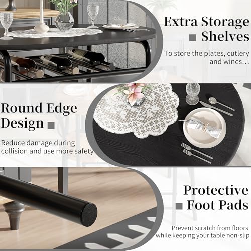Image of VECELO 3-Piece Dining Table Set for Kitchen Breakfast Nook, Wood Grain Oval Tabletop and Metal Frame with Built-in Wine Rack, for Small Spaces, Black