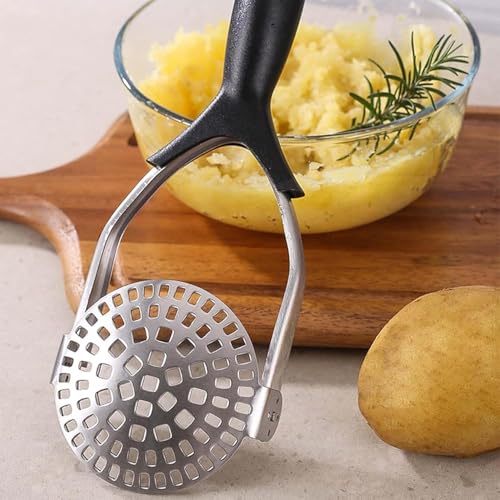 Image of Heavy-Duty Stainless Steel Potato Masher with Ergonomic Non-Slip Handle, Professional Handheld Vegetable Masher for Potatoes, Pumpkin, Carrots, Sweet Potatoes, Baby Food (Pack of 1, Black)
