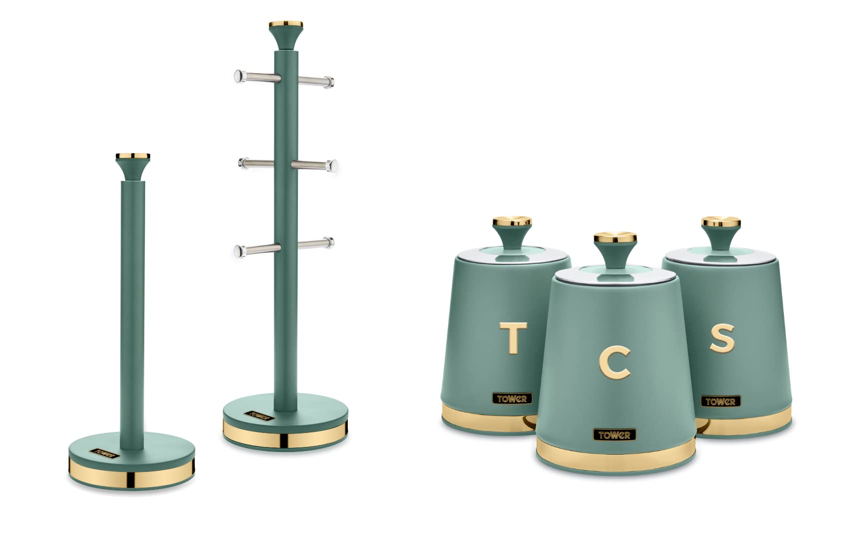 TowerCavaletto Kitchen Storage Set of 5 with Tea, Coffee & Sugar Canisters, Mug Tree & Towel Pole in Jade with Brushed Champagne Gold Accents. Matching Set in Green & Gold