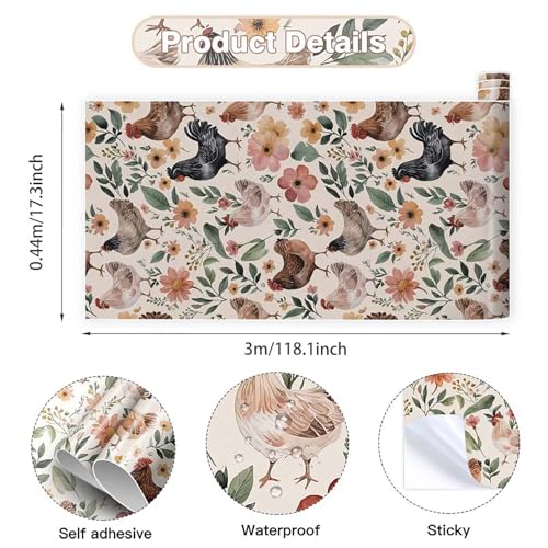 CHDITB Bauernhof Hahn Blumen Tapete,Blumen Möbelfolie Klebefolie,Huhn Tierischen Tapete Selbstklebend(44x300cm) Bauernhof Hahn Blume Klebefolie Aufkleber für Möbel Küche Schrank Backsplash Tapete