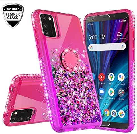 Liquid Glitter Cute Phone Case Kickstand Compatible for Alcatel TCL A3X A600DL Case Clear Bling Diamond Bumper Ring Stand Girls Women - Hot Pink/Purple