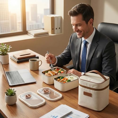 Image of Stainless Steel Lunch Box with Thermal Insulated Bag, Leakproof Microwave Safe Bento Tiffin, 304 Food Grade Containers, 600ml x 2 (1200ml Total), Cream Beige