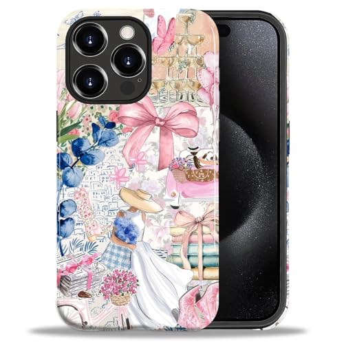 DAIZAG Case for iPhone 15 Pro Max,Mixed 2 Layer Design Shockproof Soft TPU Ddouble Protection Phone Case for iPhone 15 Pro Max-Magazine Books Flower Bow Collage - image 1