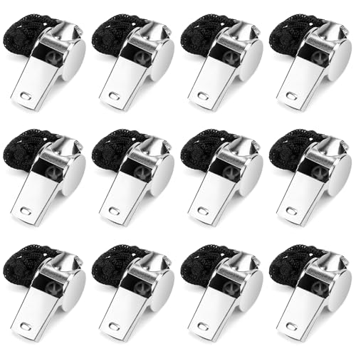 NEATABY Outdoor Sports Stainless Steel Whistles with Lanyards, Portable Loud Sound Whistles for Coaches, Referees, Emergencies, 12 Pcs
