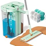 HoMettler 3-Tank Transparent Mop and Bucket Set with Separate Dirty & Clean Water, 65" Flat Mop for Floor Cleaning, 4 Machine Washable Microfiber Pads for Wood Tile - Green