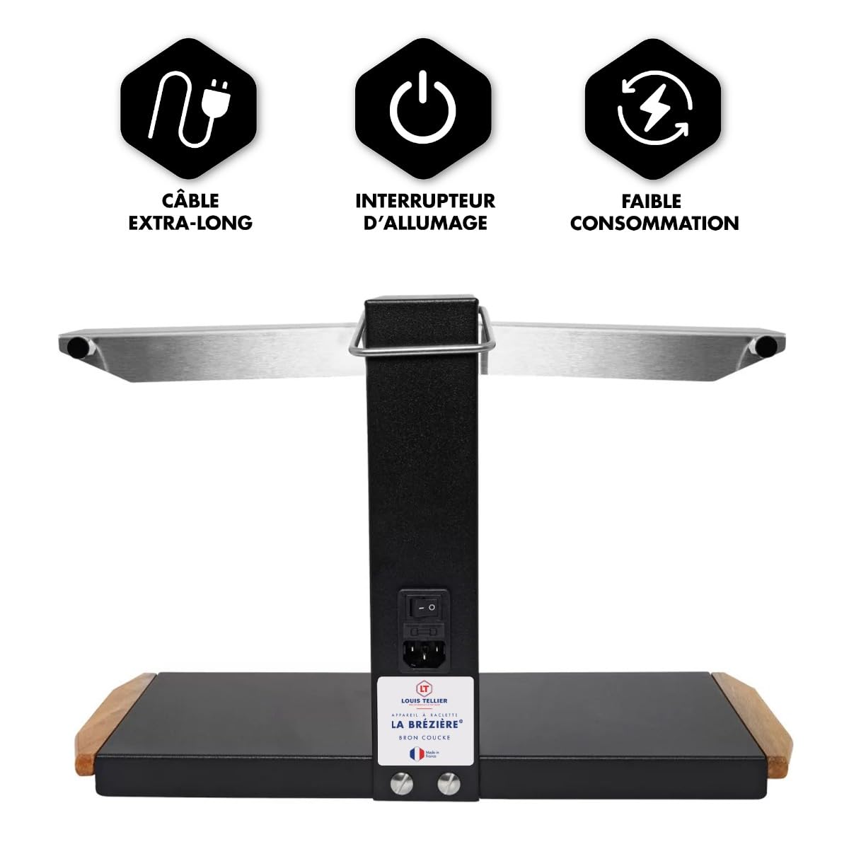Louis Tellier - Appareil raclette traditionnel Brézière Premium + couteau | Fabriqué en France ; 2 à 6 pers 1000W, rampes réglables 1/6 ou 1/4 meule ; pliable, couteau raclette inclus