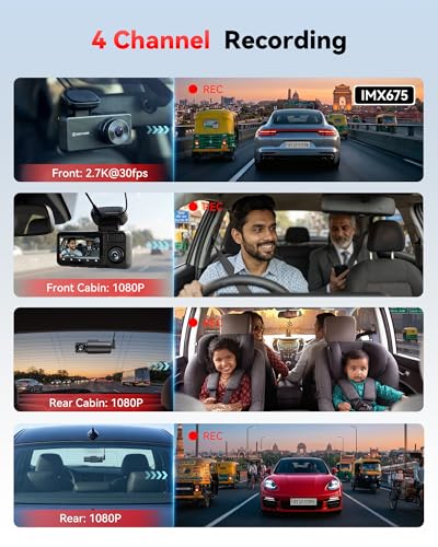 Image of REDTIGER F17 Plus 4 Channel Dash Cam, 2.7K+3*1080P Car Camera, 360 View with Dual Rotatable Inside Lenses, STARVIS 2 IMX675, IR Night View, Free 128GB Card, 5GHz WiFi GPS, Voice Control, Touchscreen