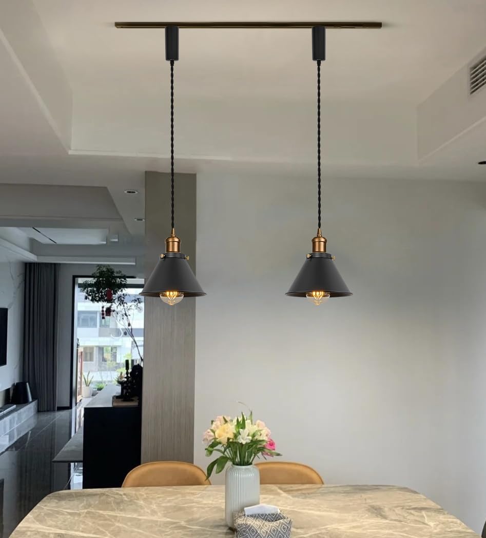 1-Light Adjusted Wire Length H-Type Track Hanging Light 3.9 Ft Cord E26 Vintage Brass Base Industrial Design Black Metal Pendant Light Fixture for Loft Aisle Bar(No Bulb, Track)