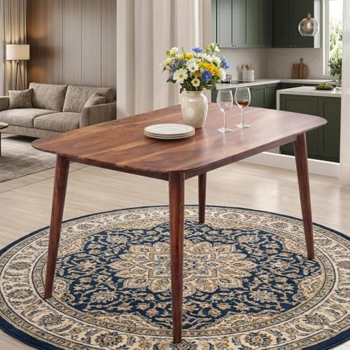 Image of Wooden Dining Table Set with 4 Chairs, Natural Oak, Rectangular, Modern Style,with Cane Back Chairs with Cushions for Dining Room | Living Room (Table (115 cm x 76 cm Gray Valvet Cushion)