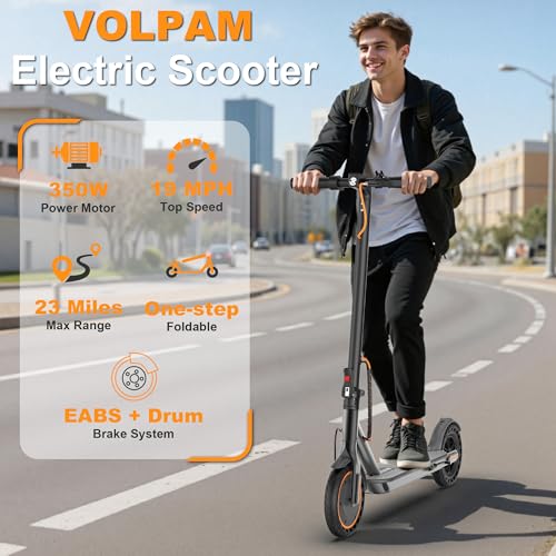 Image of VOLPAM Adult Electric Scooter, 350W /500WMotor, 8.5 inch /10 inch Solid Tires, 19 /22Mph, 32 /28 /23 /21 /18 /16Miles Max Range, Dual Braking