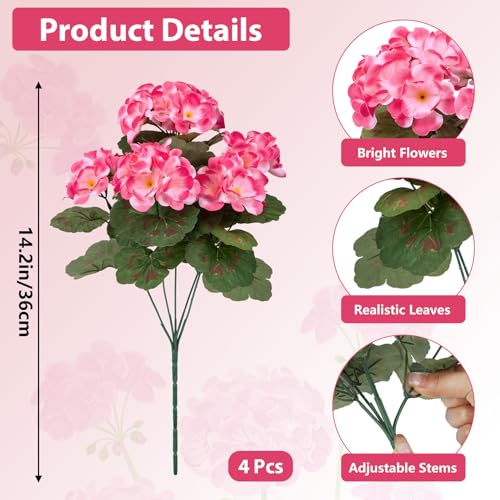 Image of Bassion Artificial Geraniums Flowers for Outdoors Decoration, 4 Pcs, Pink | UV resistant, silk flowers, realistic artificial geraniums, planter window box balcony outdoor garden outside decoration