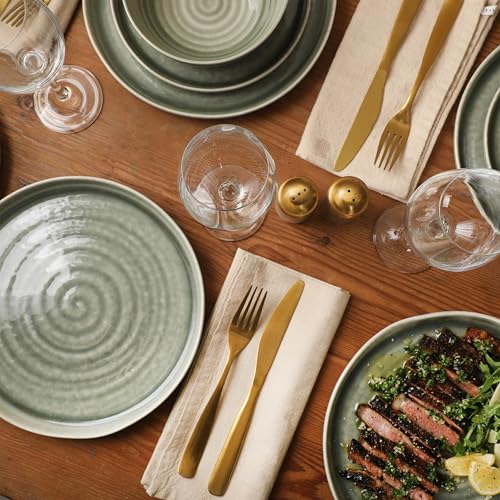 Image of Gibson Elite Eclipse Swirls Plates and Bowls Sets, 12-Piece Stoneware Dinnerware Sets, Reactive Glaze Dish Set - Green