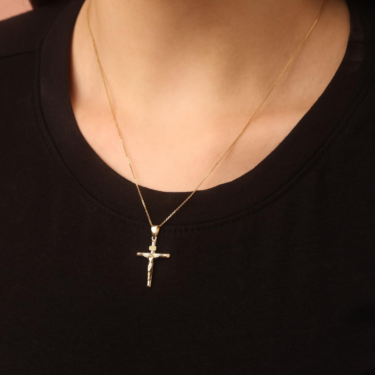 Gold 1-1/8" Christian Catholic Jesus Christ on INRI Cross Crucifix Necklace | 10K or 14K Yellow, Rose, or White Gold | Choice of Pendant Only or Chain Length - Image 2