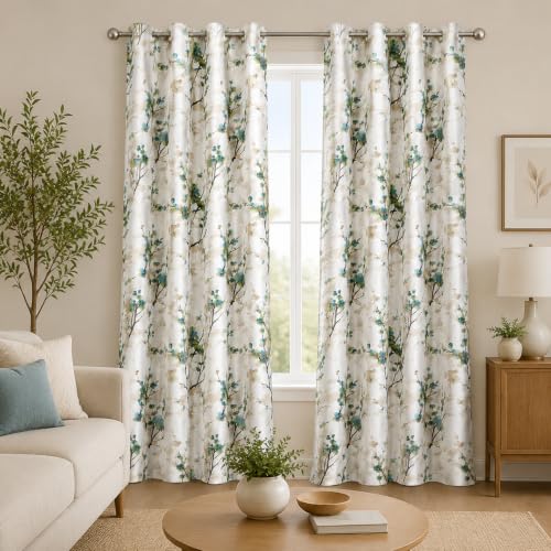 Image of Heavy Polyester Light Filtering Floral Curtains for Long Door 9 Feet Living Room Bedroom Curtain, 9 Feet Long, Aqua, Set of 4
