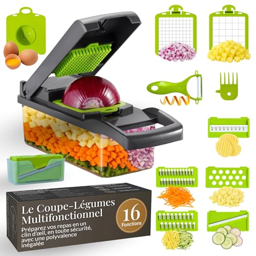 Coupe Legumes Multifonctions, 16 en 1 Mandoline Cuisine, Coupe Legume Manuel, Mandoline Multifonctions, Decoupe Legumes avec 7 Lames Réglable, Coupe Oignon pour...