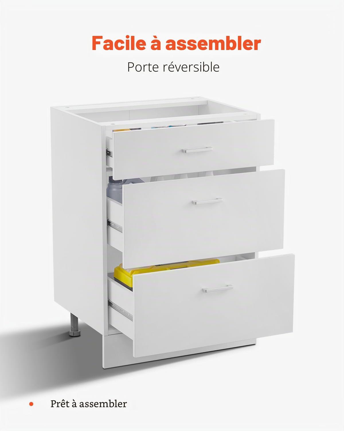 VEVOR Meuble Bas Cuisine avec 3 Tiroirs, Placard de Cuisine Non Assemblée, Armoire de Base Prête à Assembler 60x47,5x81,6 cm, avec Glissières de Tiroir à Fermeture Douce, pour Bureau Domicile, Blanc